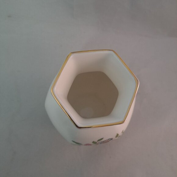 Aynsley England Bone China Pembroke Floral Vase 5" Hexagonal Gold Trim Vintage - Picture 5 of 8